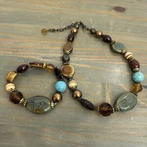 PREMIER DESIGNS Set Necklace & Bracelet Brass-tone Amber Mixed Ceramic Teal Bead